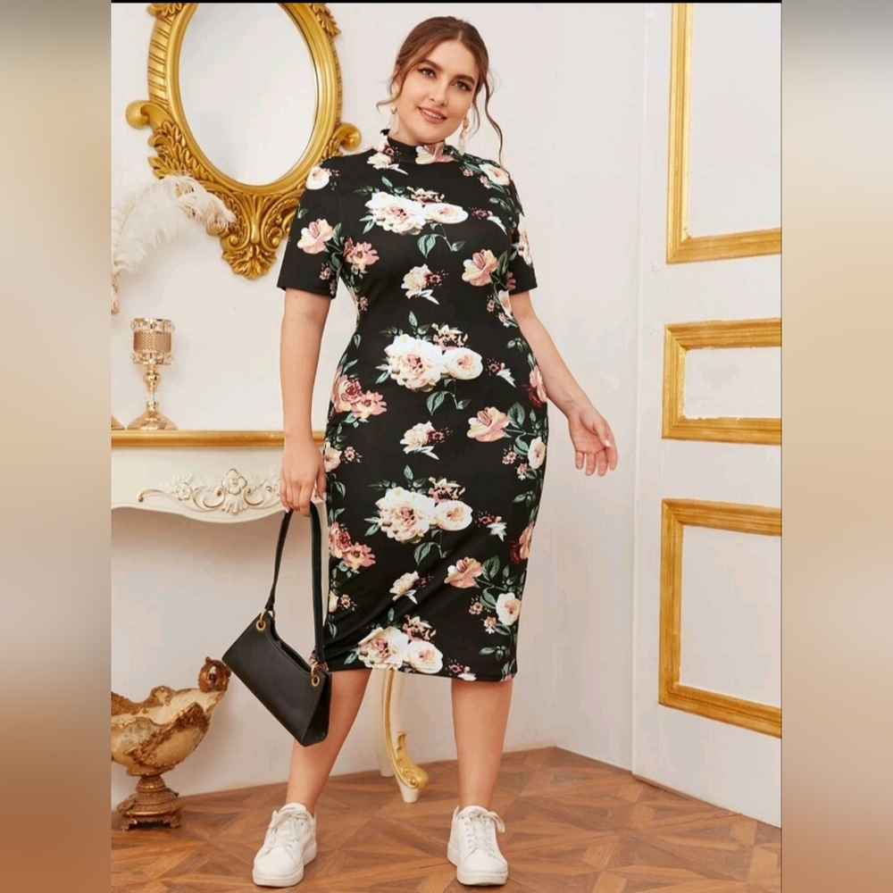 Mock neck floral print dress